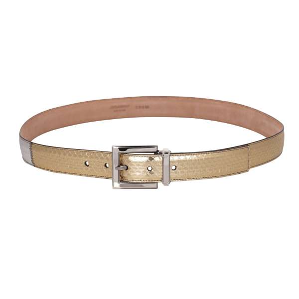 Snake leather belt with gold metal buckle in gold and silver by DOLCE & GABBANA