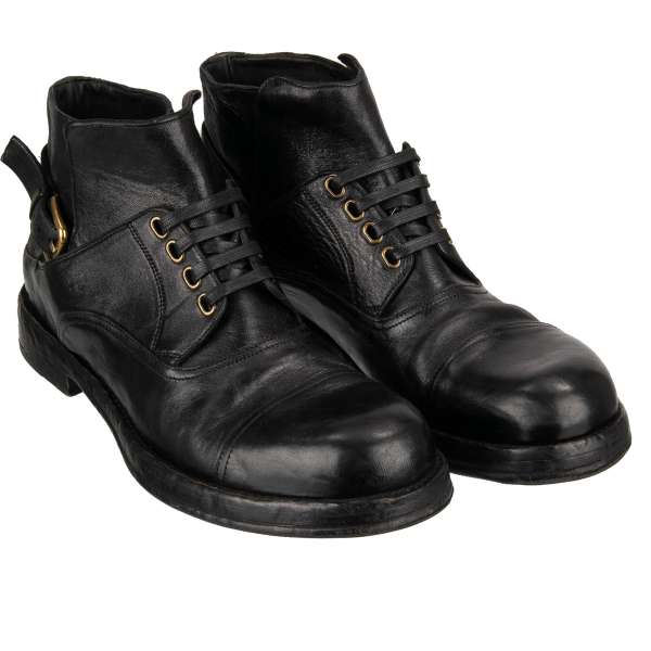 Pferd Leder Stiefeletten PERUGINO mit Schnürsenkelverschluß in Schwarz von DOLCE & GABBANA