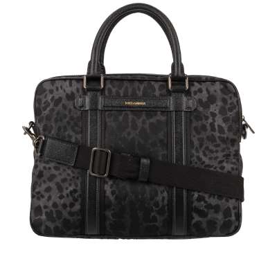Leopard Printed Nylon Leather Briefcase Bag with Logo Black Gray