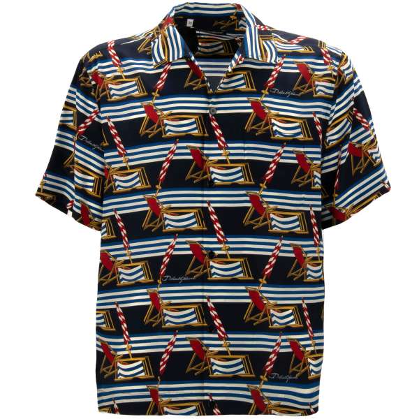 Short sleeve striepd silk Shirt with beach theme print in blue, red and white by DOLCE & GABBANA