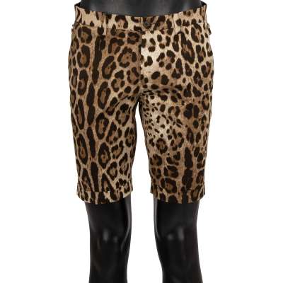 Cotton Shorts with Leopard Print and Pockets Brown
