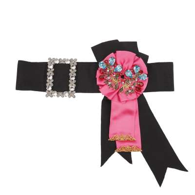 SARTORIA Crystal Brooch Flower Ribbon Bow Belt Black Pink