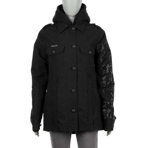 Military style parka jacket with separate removable hoody jacket, embroidery, Philipp Plein Playboy logo print and crystals lettering by PHILIPP PLEIN x PLAYBOY