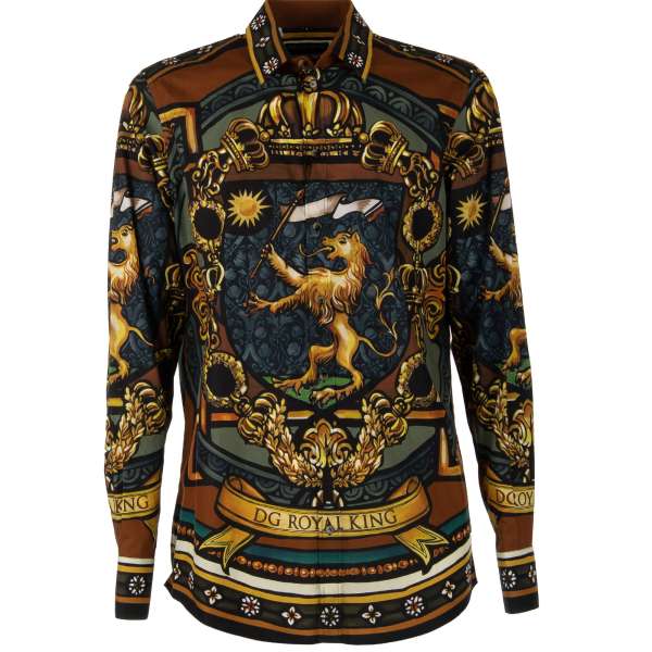 Cotton shirt with Heraldy Crown Lion Print in black, blue, brown and gold and by DOLCE & GABBANA  - MARTINI Line 