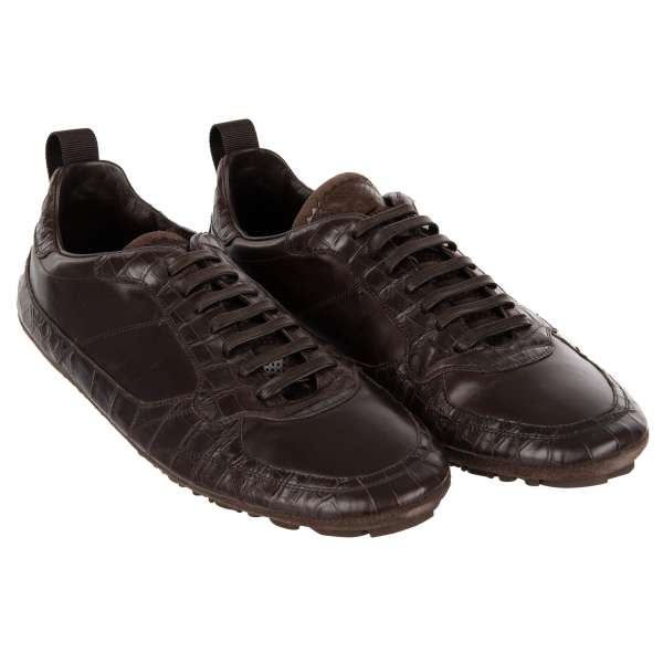 Low-Top Crocodile leather mix Sneaker KING DRIVER with Crown logo in dark brown by DOLCE & GABBANA