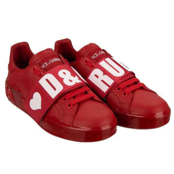 Sneaker PORTOFINO mit D&G Rules Verschluß, Herz und Logo in Weiß und Rot von DOLCE & GABBANA