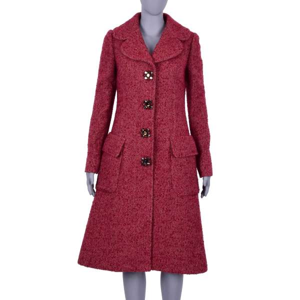Long Wool Coat with crystal brooch buttons by DOLCE & GABBANA Black Line