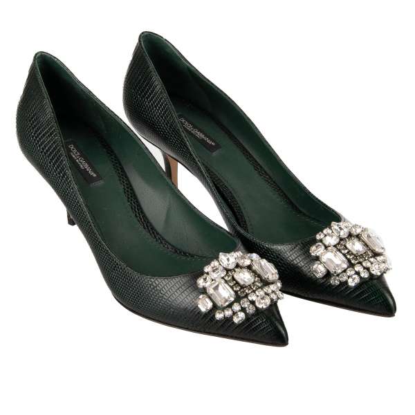 Pointed iguana print leather Pumps BELLUCCI with crystals brooch in green by DOLCE & GABBANA