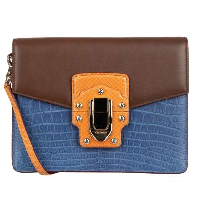 Croco Snake Leather Shoulder Bag LUCIA with Strap Orange Blue Brown
