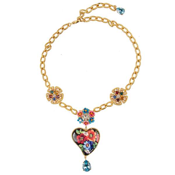 Chocker necklace with flower print heart, colorful crystals, pearls and hand-painted cherry flowers in gold by DOLCE & GABBANA