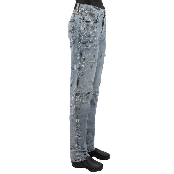 5-pockets Skinny Distressed Stretch Painter MX1 Jeans in Vintage Blue with unique color splashes and elastic inserts by AMIRI