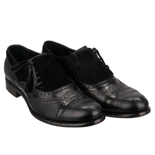 Derby brogue leather shoes with decorative elements and side lace closure in black by DOLCE & GABBANA