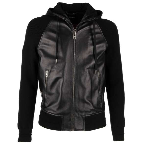 Hooded Bomber jacket made of nappa lamb leather and virgin wool with zip pockets by DOLCE & GABBANA