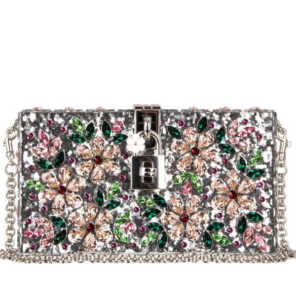 Unique silver glitter plexiglass clutch / evening bag DOLCE BOX with multicolor crystals and decorative padlock by DOLCE & GABBANA
