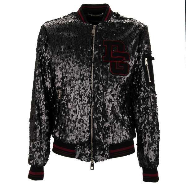 Varsity / College Jacket with sequins embroidery and Dolce&Gabbana Logo application in red and black by DOLCE & GABBANA