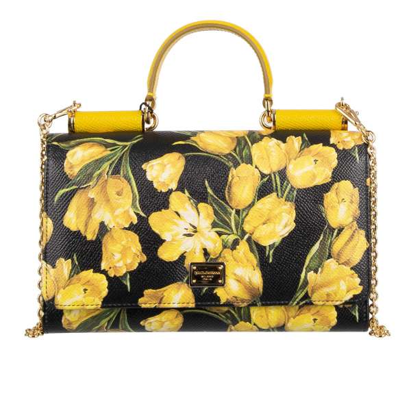 Tulips printed dauphine leather crossbody bag / wallet SICILY LIPSTICK with mirror and many pockets by DOLCE & GABBANA