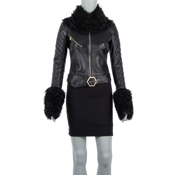Leather Jacket GOTHAM with fur, quilted sleeves and removable belt in black by PHILIPP PLEIN COUTURE