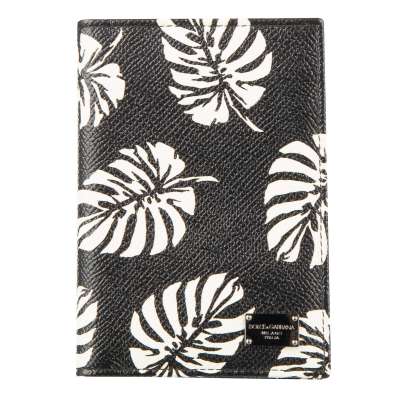 Palms Printed Dauphine Leather Cards Wallet with Logo Plate Black White