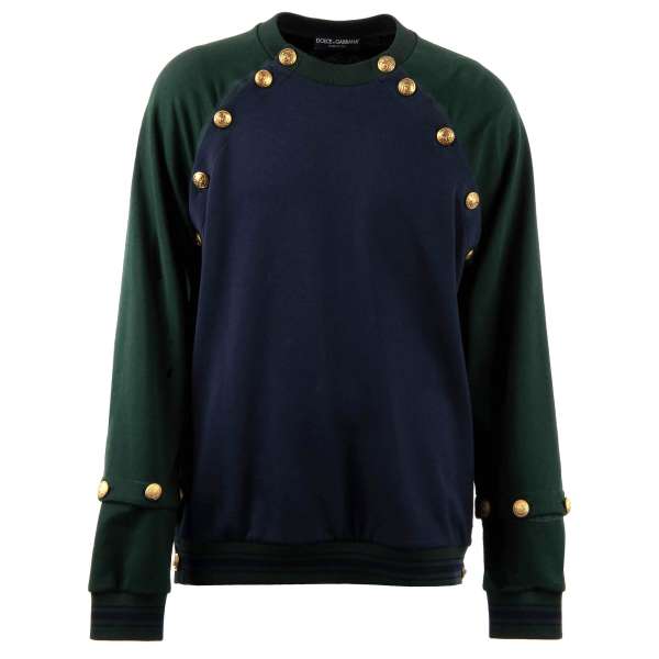 Sweatshirt in Royal Uniform Stil mit abnehmbaren Ärmeln und goldenen Knöpfen in blau und grün von DOLCE & GABBANA Black Label