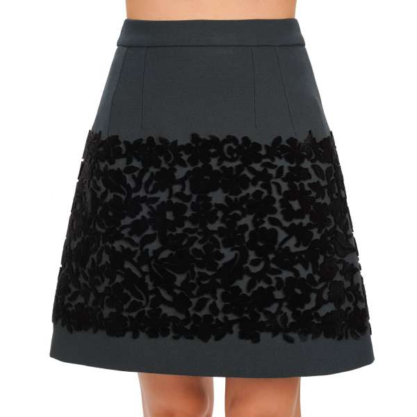Virgin Wool skirt with floral velvet application in black and green by DOLCE & GABBANA