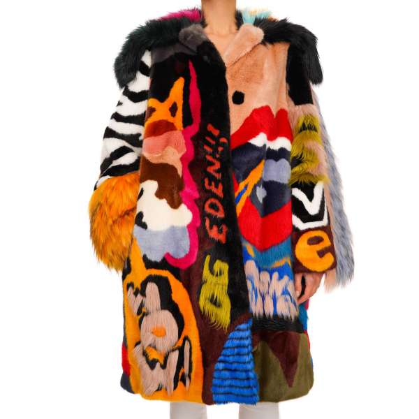 Mehrfarbiger Kunstpelz Patch gefütterter Mantel mit DG Queen Devotion Fashion Sinner Muster von DOLCE & GABBANA