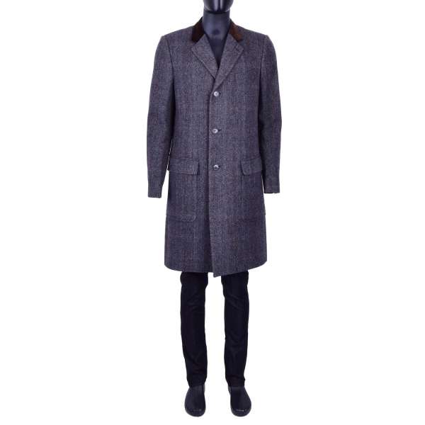 Einreihiger Mantel aus Schurwolle mit Hahnentritt Muster und Kragen aus Samt von DOLCE & GABBANA