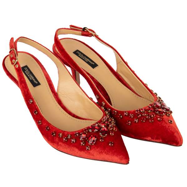 Pointed Silk Blend Velvet Slingbacks Pumps BELLUCCI with Crystals Embroidery in red by DOLCE & GABBANA