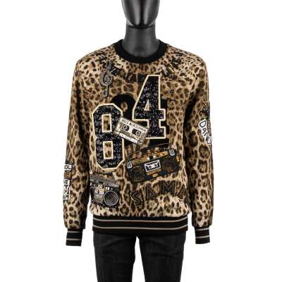 Leopard Printed Sweater with Jazz Samba Music Embroidery Black Brown
