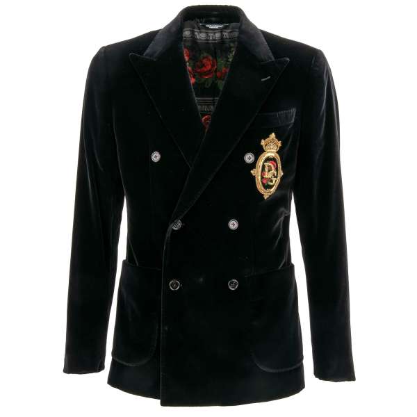 Double-breasted velvet blazer with goldwork and roses embroidered DG logo coat of arms in black by DOLCE & GABBANA