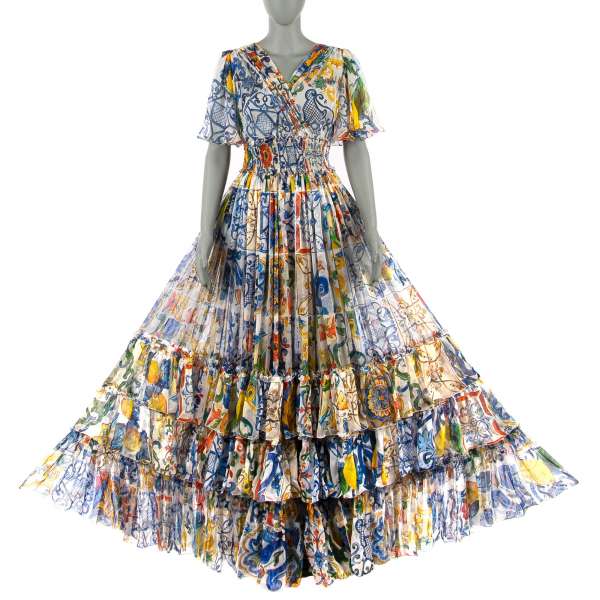Majolica print chiffon silk voluminous long dress with many layers in blue, yellow, white, green and orange by DOLCE & GABBANA Black Label