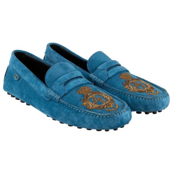 Suede Moccasins PANAREA with crown and DG Logo gold seam embroidery by DOLCE & GABBANA