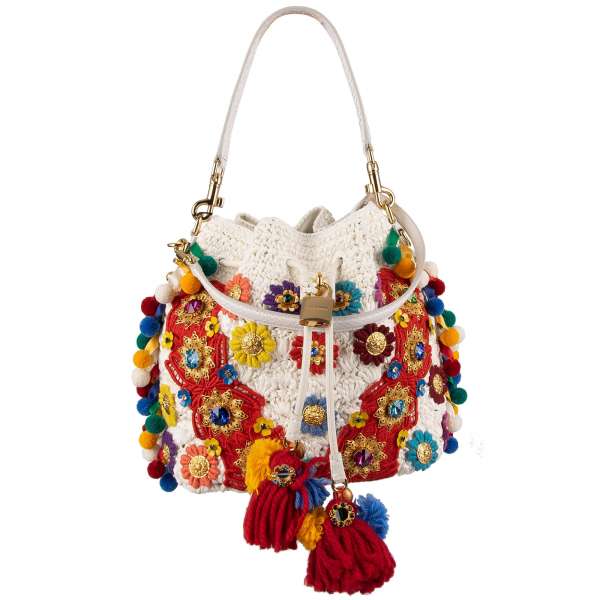 Sicily Style straw and snakeskin bucket hobo bag / shoulder bag CLAUDIA embellished with pompoms, sing-song bells, crystals and enamel flowers by DOLCE & GABBANA