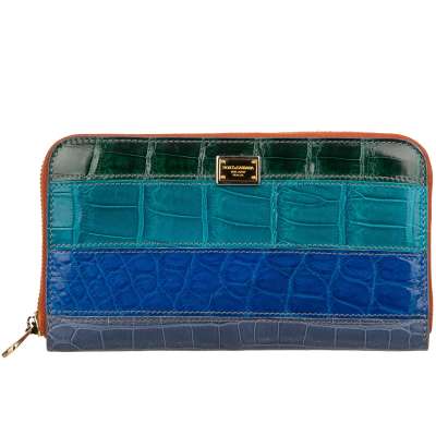 Striped Patchwork Crocodile Leather Zip-Around Wallet Blue Green