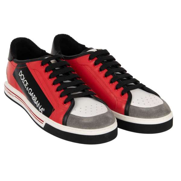 Textil und Leder Low-Top Sneaker ROMA mit DG Logo in rot, schwarz und weiß von DOLCE & GABBANA