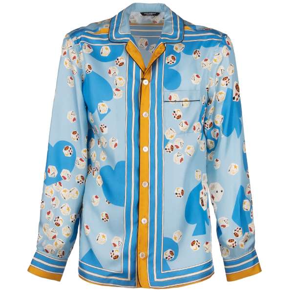 Silk shirt with playing cards symbols dice print and one front pocket in blue by DOLCE & GABBANA