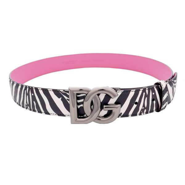 Zebra pattern dauphine leather belt with metal DG log buckle in white, pink and black by DOLCE & GABBANA x KHALED KHALED 