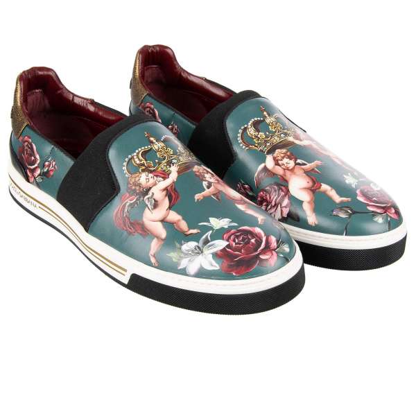 Leather Slip-On Sneaker ROMA with crown, angels and roses print in green by DOLCE & GABBANA