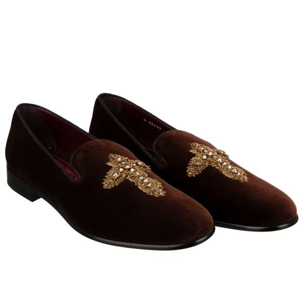 Velvet loafer shoes LEONARDO with pearls and crystal embroidered cross in brown and gold by DOLCE & GABBANA