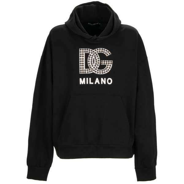 Hooded Sweater / Hoodie with studded DG Logo Milano print in black and white by DOLCE & GABBANA 