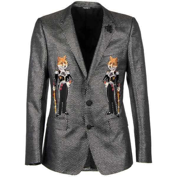 Textured shiny lurex jacket / blazer MARTINI in silver and black with embroidered Foxes and Crystals Bee by DOLCE & GABBANA