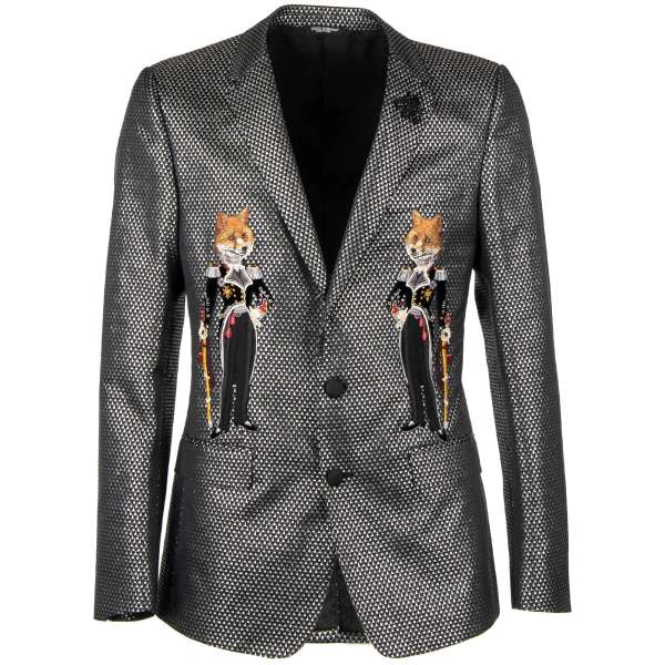 Glänzender, texturierter Lurex Blazer / Sakko MARTINI in Silber und Schwarz mit bestickten Füchsen in Uniform und Biene aus Kristallen von DOLCE & GABBANA