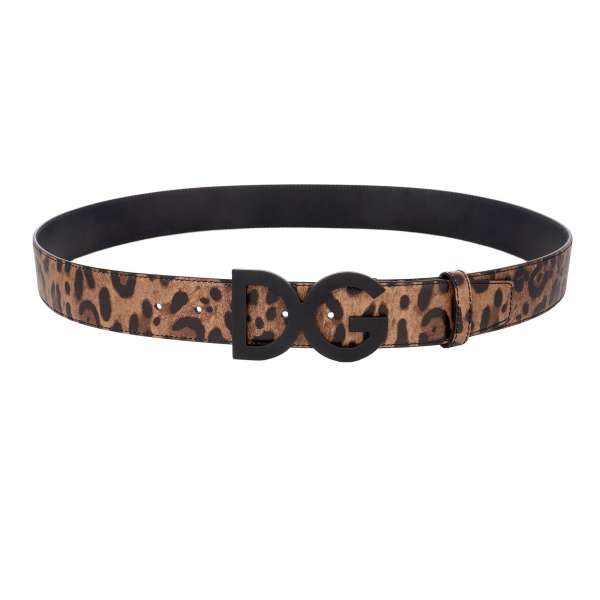 Leopard pattern dauphine leather belt with metal DG log buckle in brown and black by DOLCE & GABBANA