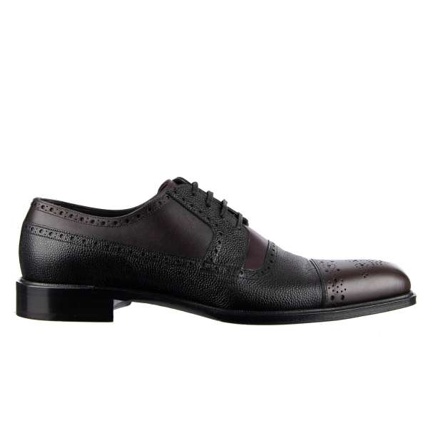 Bi-Color formal oxford shoes SIENA made of structured leather and patent leather with brodue decoration in black and brown by DOLCE & GABBANA
