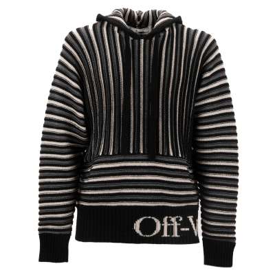 Virgil Abloh Knitted Striped Wool Hoodie with Logo Black Gray White M