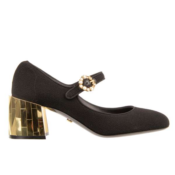 Mary Jane fabric and leather Pumps VALLY with disco mirror golden heel in black by DOLCE & GABBANA