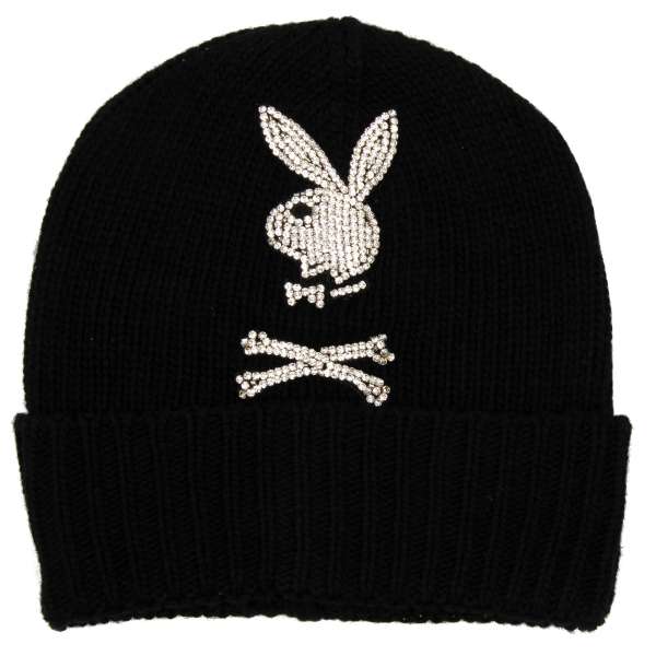 Wool and Cashmere blend knit beanie hat with a large crystals Bunny Skull logo and 'Playboy X Plein' leather logo plaque by PHILIPP PLEIN x PLAYBOY