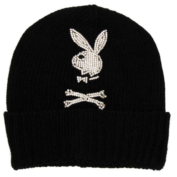 Beanie Strickmütze aus Wolle und Kaschmir Mischung mit großem Bunny Skull Logo aus Kristallen und 'Playboy X Plein' Logo aus Leder von PHILIPP PLEIN x PLAYBOY