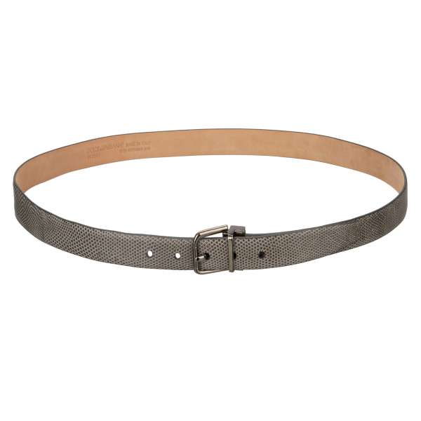 Lizard leather belt with silver metal buckle in gray by DOLCE & GABBANA