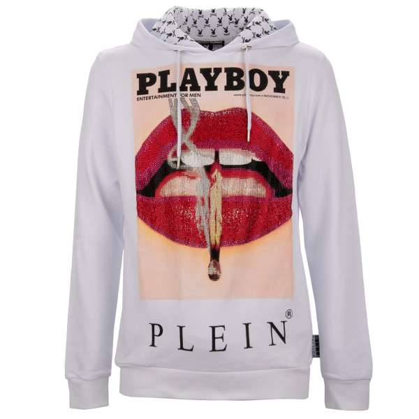 Hoody with a crystals graphic print of a magazine cover of of Lauren Young's lips at the front and crystals embellished 'Playboy Plein' lettering printed at the back by PHILIPP PLEIN x PLAYBOY