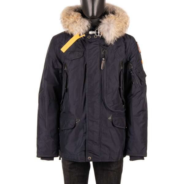 Parka / Down Jacket RIGHT HAND with a detachable real fur trim, hoody, many pockets and a removable down-filled lining in Navy Blue